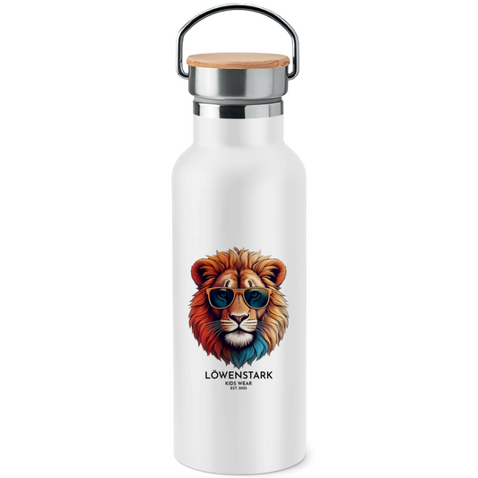 Edelstahl-Trinkflasche mit Bambusdeckel Löwenstark